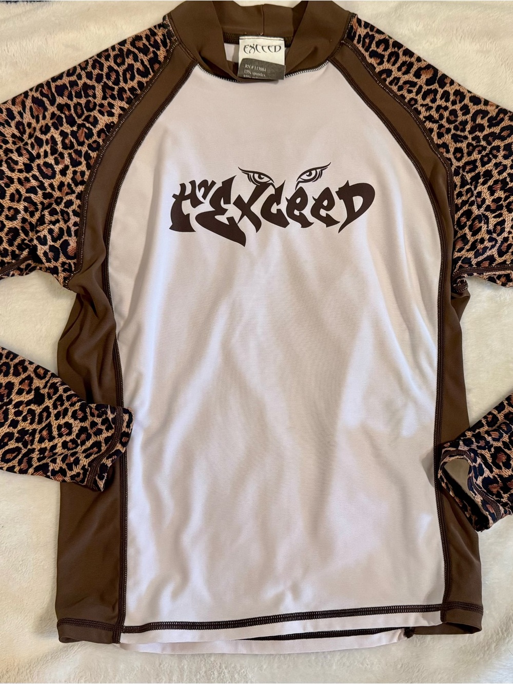 Women’s Long Sleeve Swim Tee — White with Brown & Leopard Accents